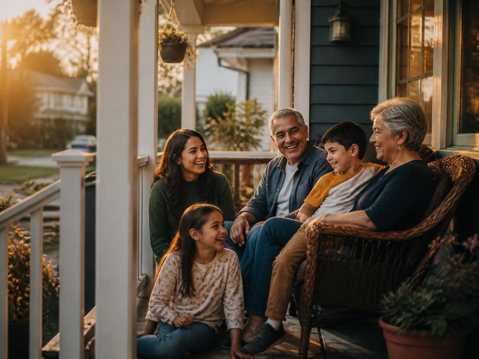 A multigenerational family sitting together on the front porch of their home